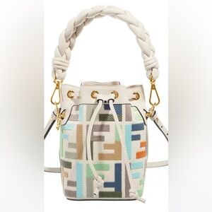 SOLD🛑 Fendi Mon Tresor Bucket Bag, Multicolor Linen & Leather, Ecru Latte $2250